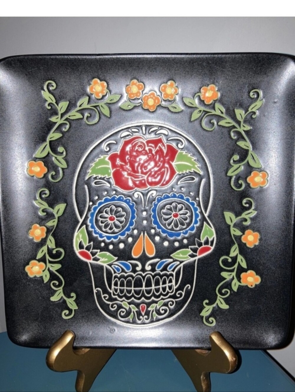 INHOMESTYLEZ Halloween Sugar Skull ceramic platter Day Of The Dead 11x11